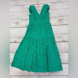 Maggy London Teal Eyelet Dress zips up the back short cap sleeve